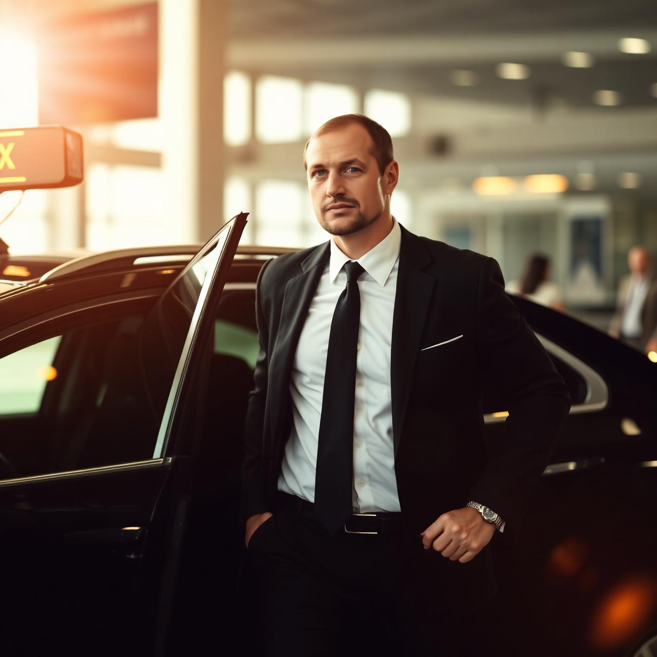 Professional chauffeur opening the door of an executive taxi