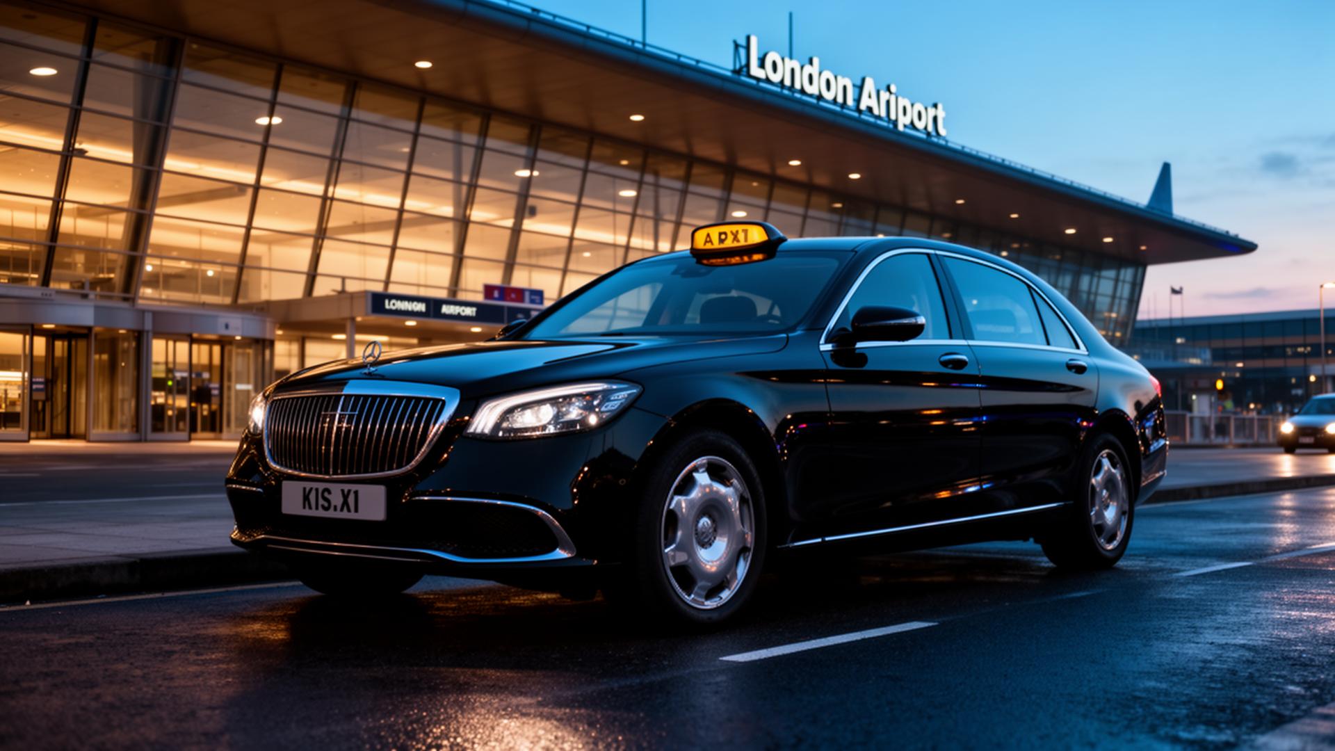Black executive taxi outside London airport at dusk